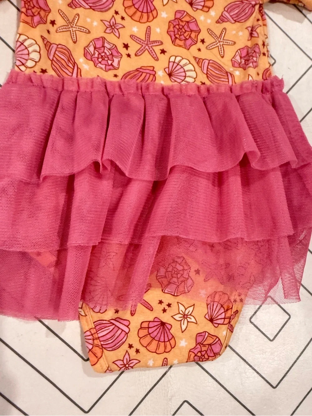 Dream Big Little Sea Shell Print One-Piece with Pink Tulle Skirt